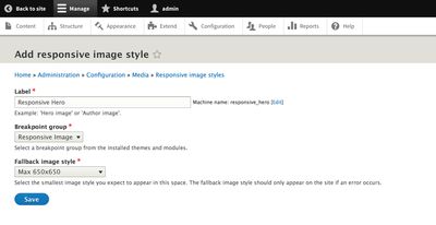 Screenshot of Drupal’s &quot;Add responsive image style&quot; page