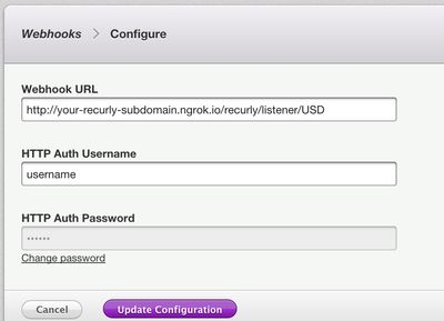 A screenshot of a config page showing the Recurly’s Webhook URL and authorization parameters.